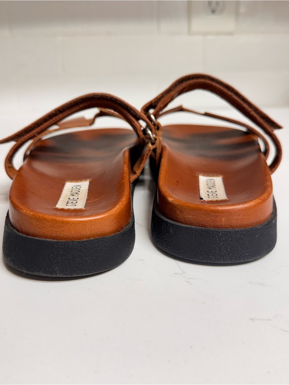 Steve Madden Mayven Camel Leather Platform Slide Sandals Size 8 - Picture 4 of 5